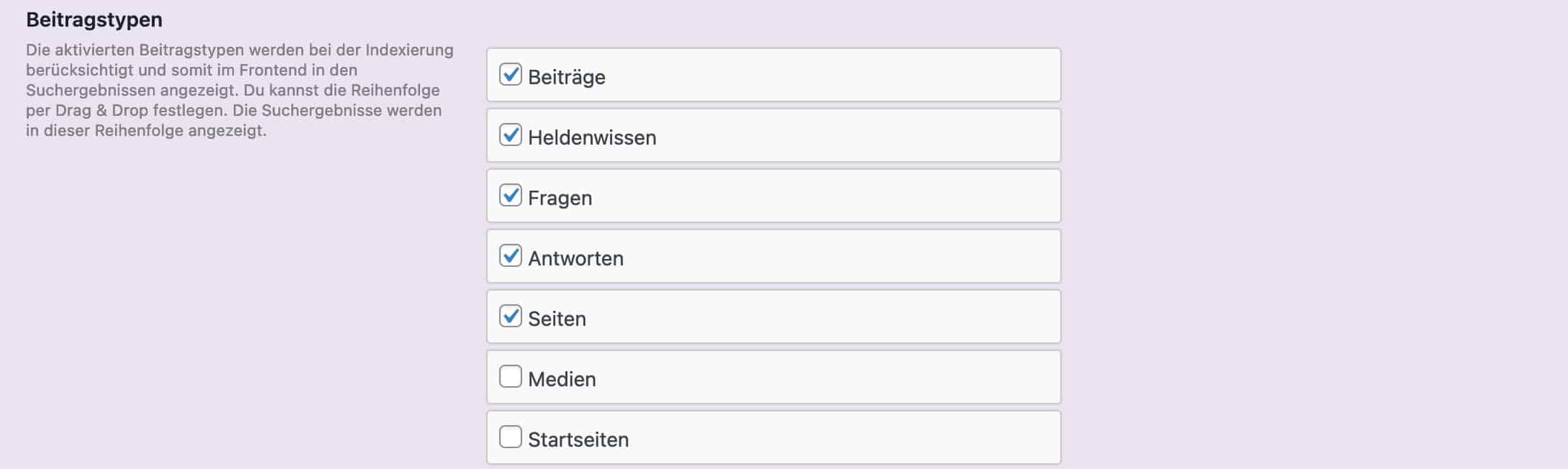 Einstellungsseite für Sortierung von Beitragstypen.