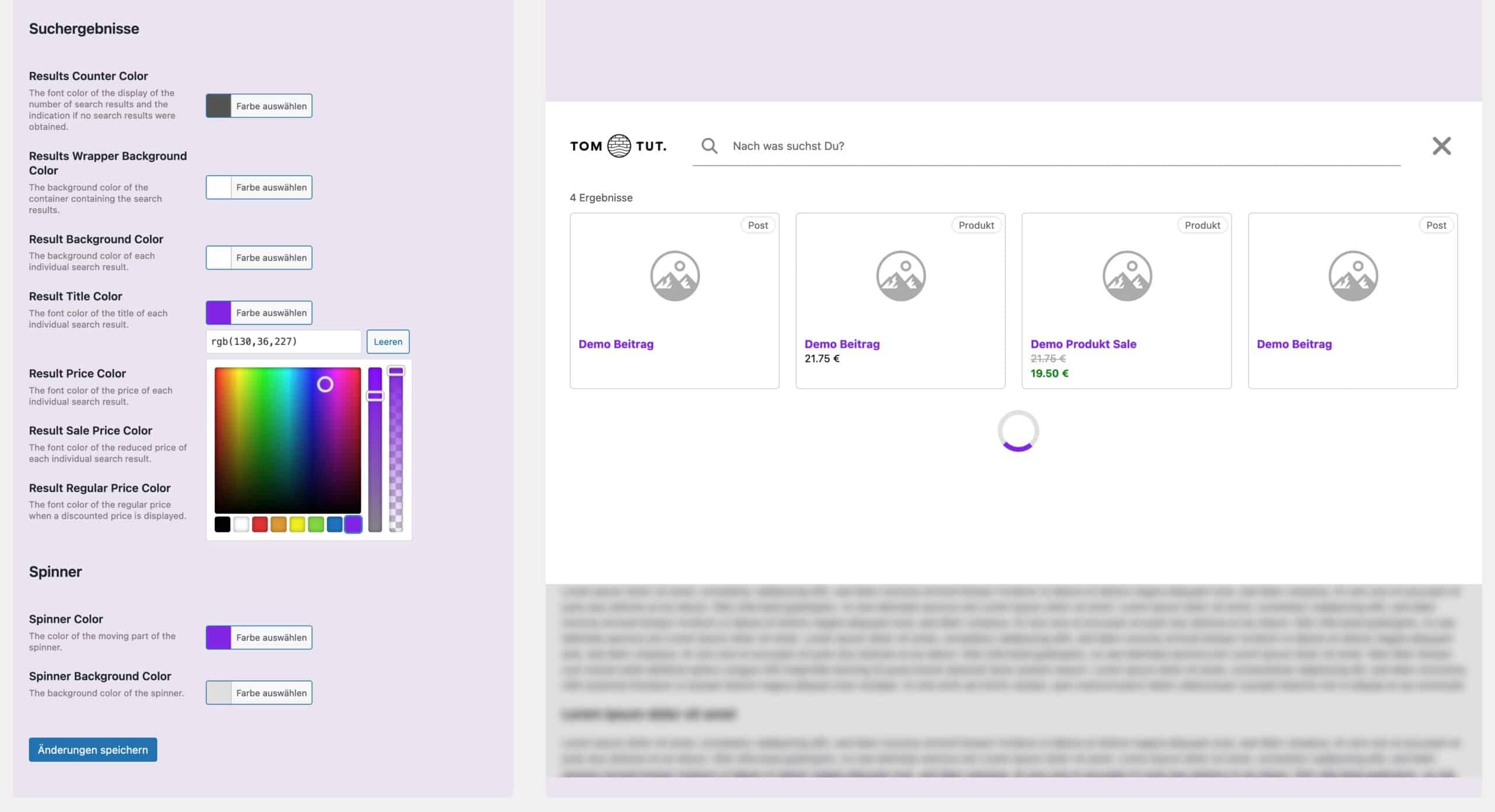 Screenshot einer Webseiten-Farbanpassungsoption